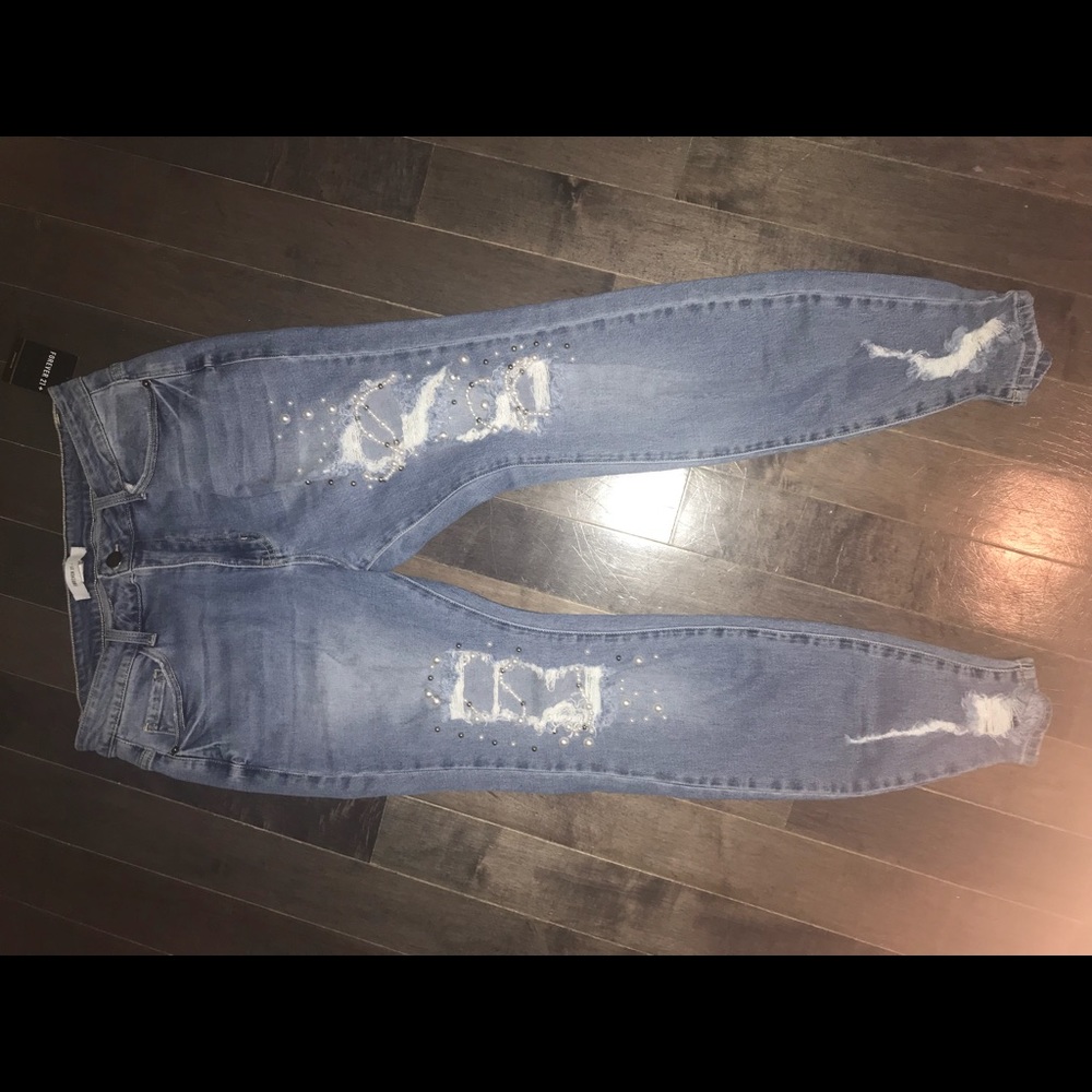 Forever 21 plus destroyed denim pearl jeans